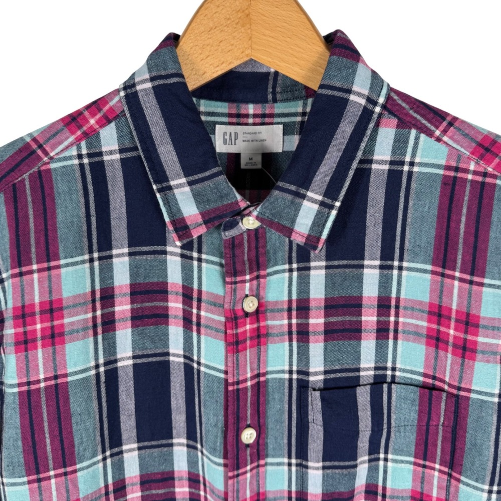 Gap Plaid Short Sleeve Linen Blend Shirt Mens M Navy Teal Magenta NEW